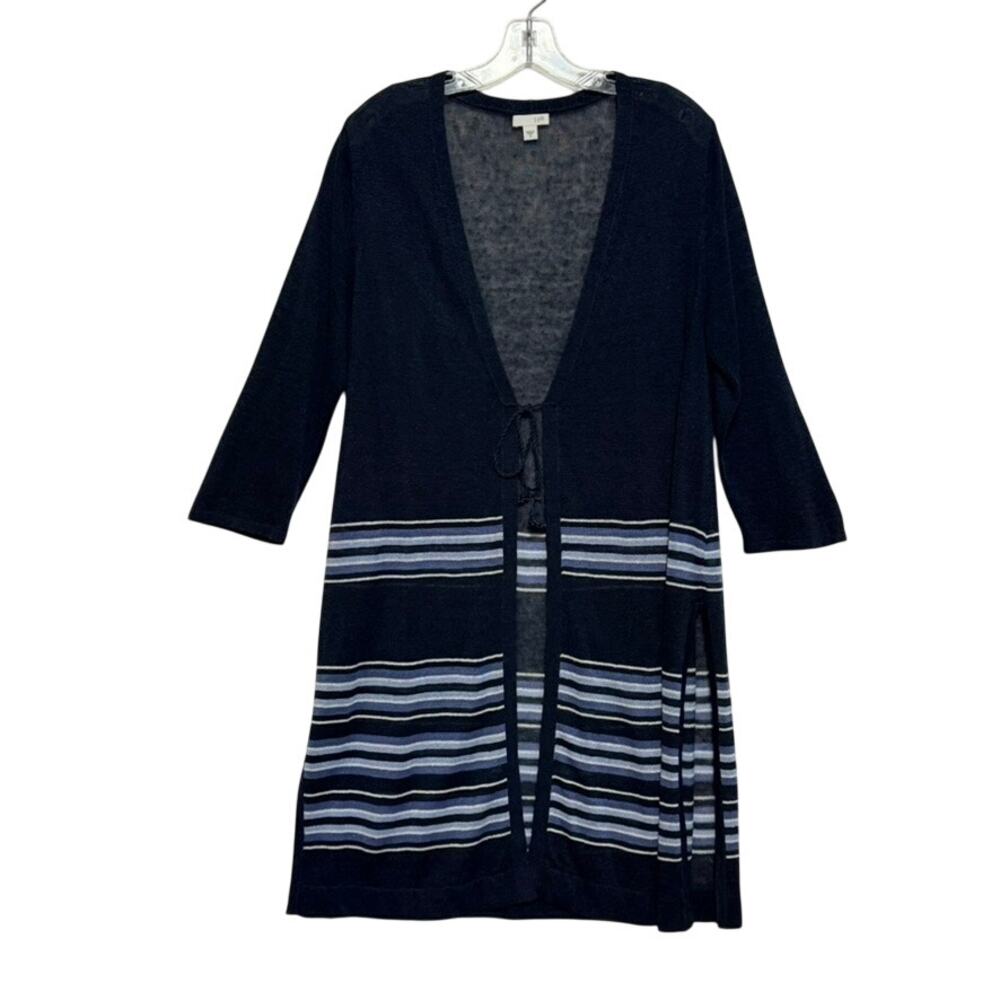 J Jill 3/4 Sleeve Linen Blend Longline Tie Front Duster Cardigan Blue Womens M